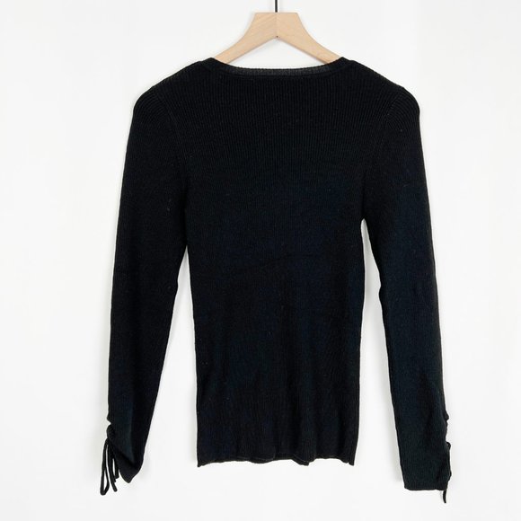 Sandro Paris Wool Blend Ribbed Knit Fitted Lace Up Long Sleeve Crew Neck Sweater - Picture 6 of 7